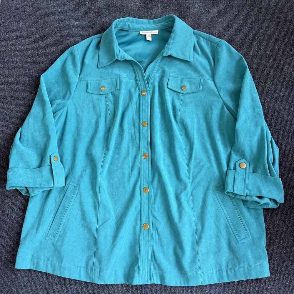 JM Collection Jacket‎ Womens 24W Blue Microfiber Snap Front Collared Pockets